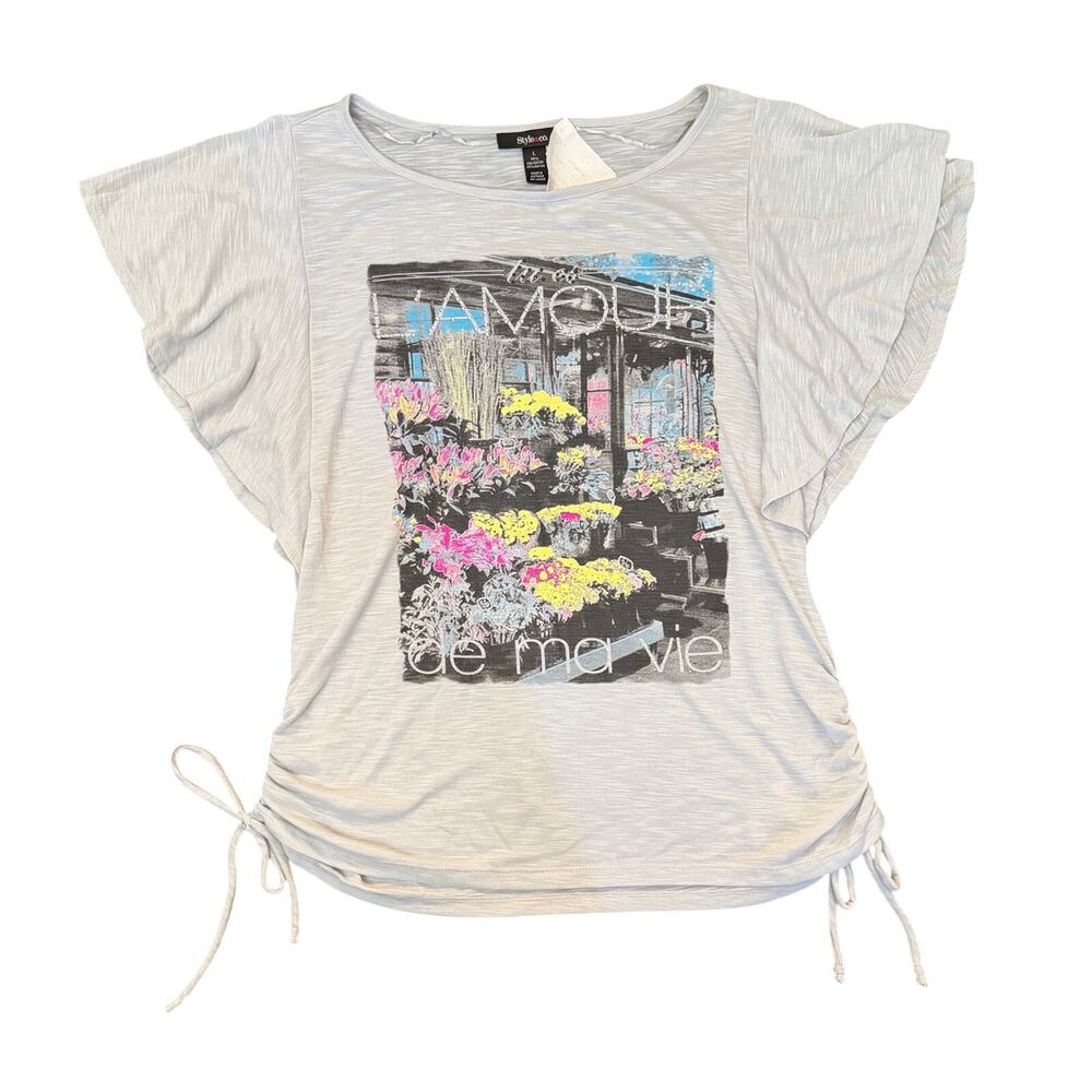 L'Amour De Ma Vie Rhinestone Flower Shop Graphic Top L Flutter Sleeve Ruched